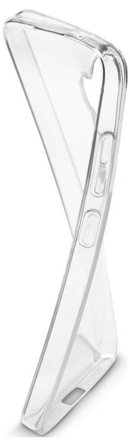 Custodia per telefono in silicone trasparente con ritagli per i pulsanti laterali, mostrata di profilo su sfondo bianco.