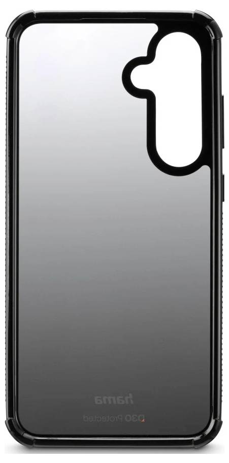Custodia protettiva per telefono nera trasparente con bordi rialzati e un ampio ritaglio per la fotocamera e il flash.