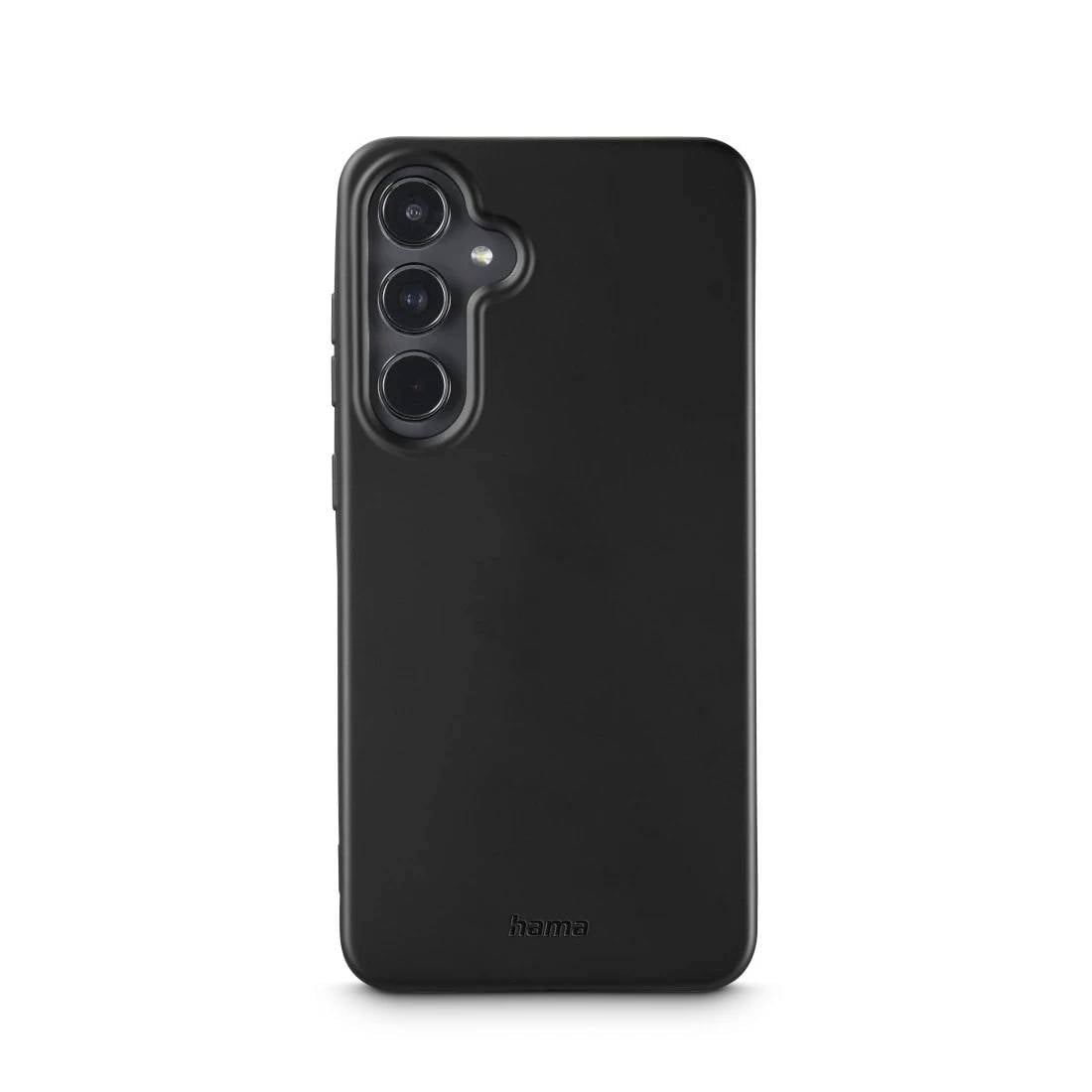 Custodia per smartphone nera mostrata da dietro, con ritaglio tripla fotocamera e branding "hama" sottile vicino al fondo.