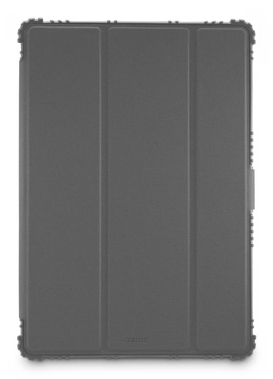 Custodia o cover protettiva per tablet grigio scuro mostrata in vista frontale, con tre pannelli verticali e bordi robusti.