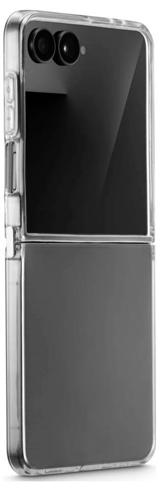 Custodia protettiva trasparente per smartphone mostrata su un telefono pieghevole con ritaglio doppia fotocamera.