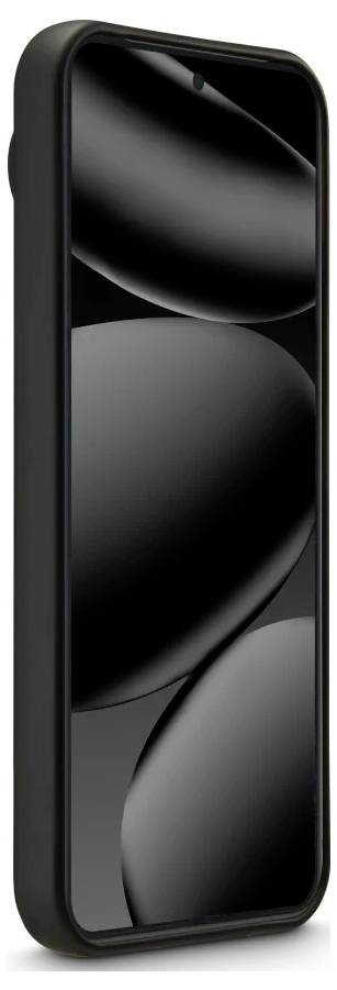 Smartphone nero mostrato in vista frontale con schermo vuoto e riflettente e bordi arrotondati su sfondo bianco.