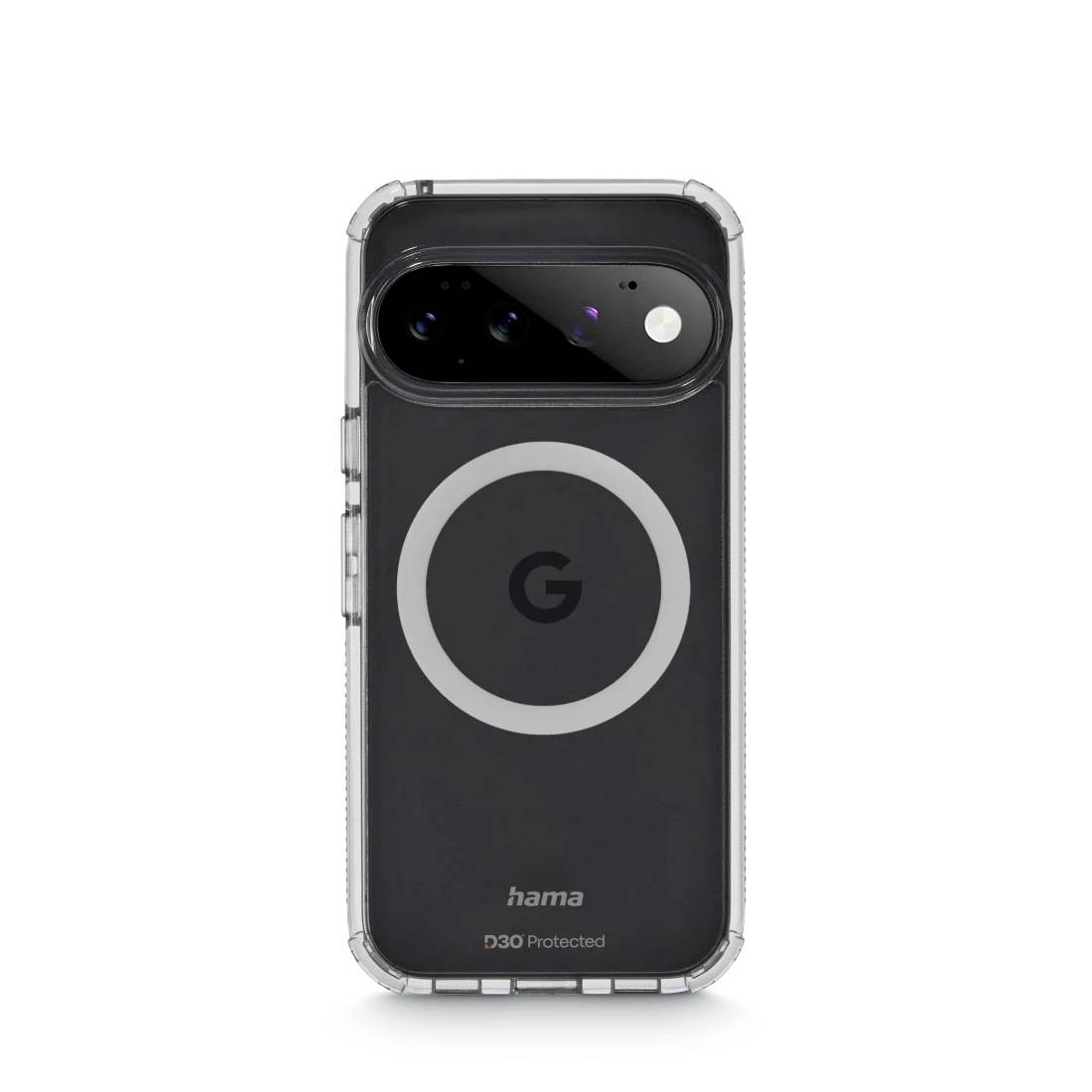 Retro di un telefono Google in una custodia protettiva trasparente con un grande anello magnetico circolare e branding "hama D30 Protected".