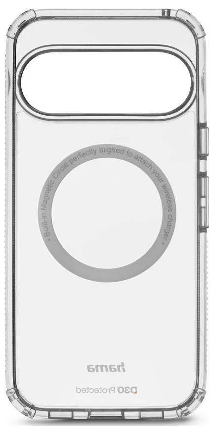 Custodia protettiva trasparente per telefono con anello di ricarica integrato in stile MagSafe e ritaglio della fotocamera rialzato, mostrato su sfondo bianco.