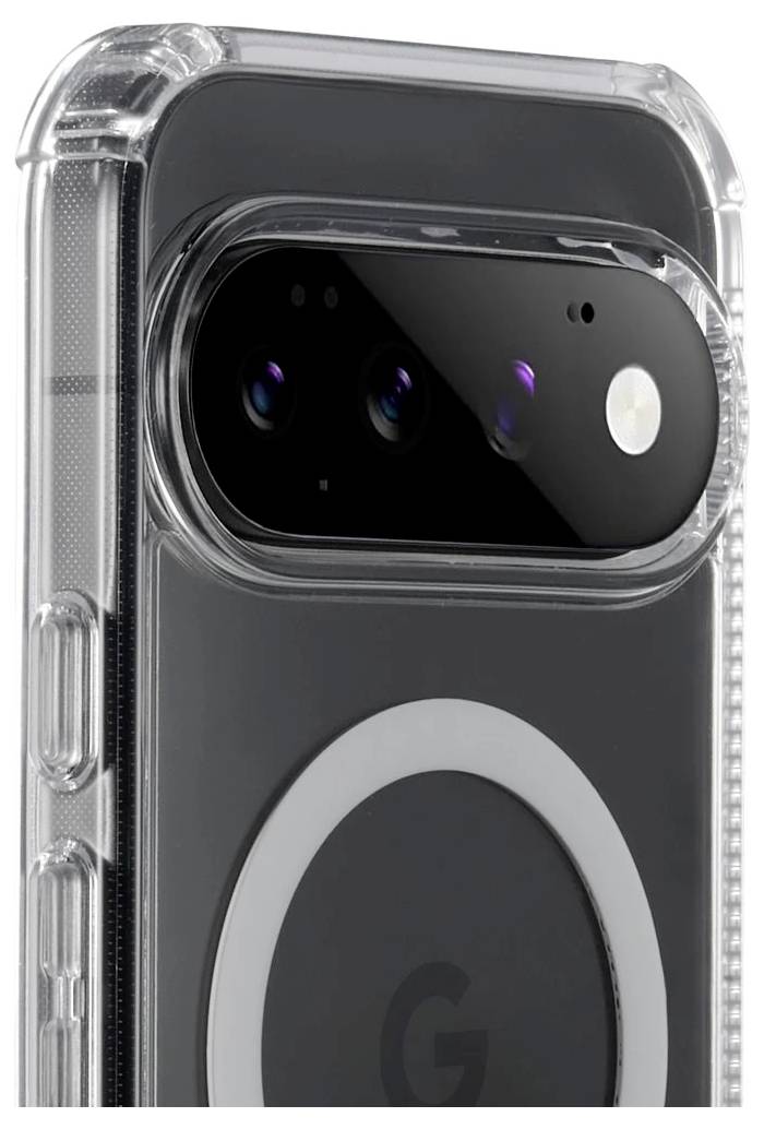 Primo piano di uno smartphone in una custodia protettiva trasparente, che mostra il modulo della fotocamera posteriore e l'anello di ricarica wireless centrato.