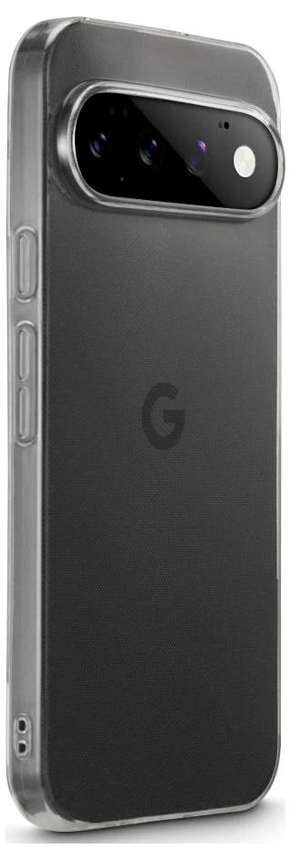 Retro di un telefono Google Pixel in una custodia protettiva trasparente, che mostra la barra della fotocamera e il logo 'G' centrato.