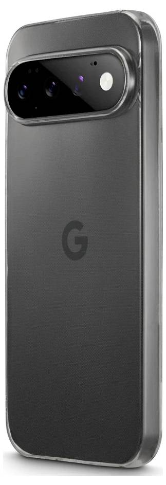 Vista posteriore di uno smartphone Google Pixel grigio, che mostra la barra della fotocamera con due obiettivi e un flash.