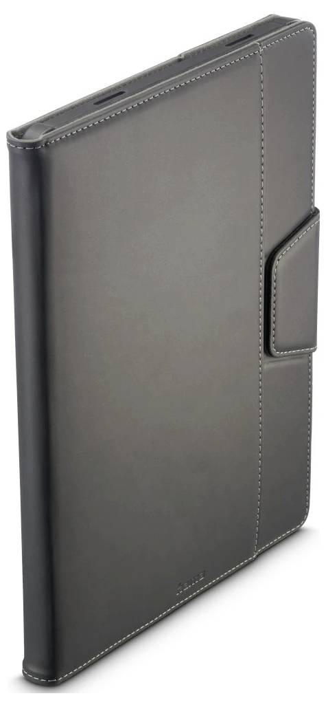 Custodia a folio in pelle nera con bordi cuciti e tasca laterale, mostrata chiusa su uno sfondo bianco.