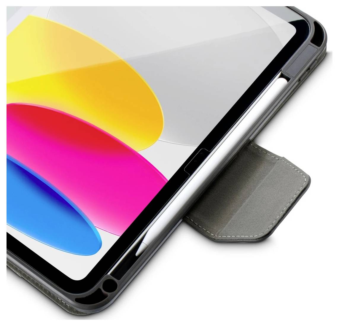 Primo piano di un tablet in una custodia a portafoglio grigia, che mostra uno schermo astratto colorato con forme gialle, rosa e blu.