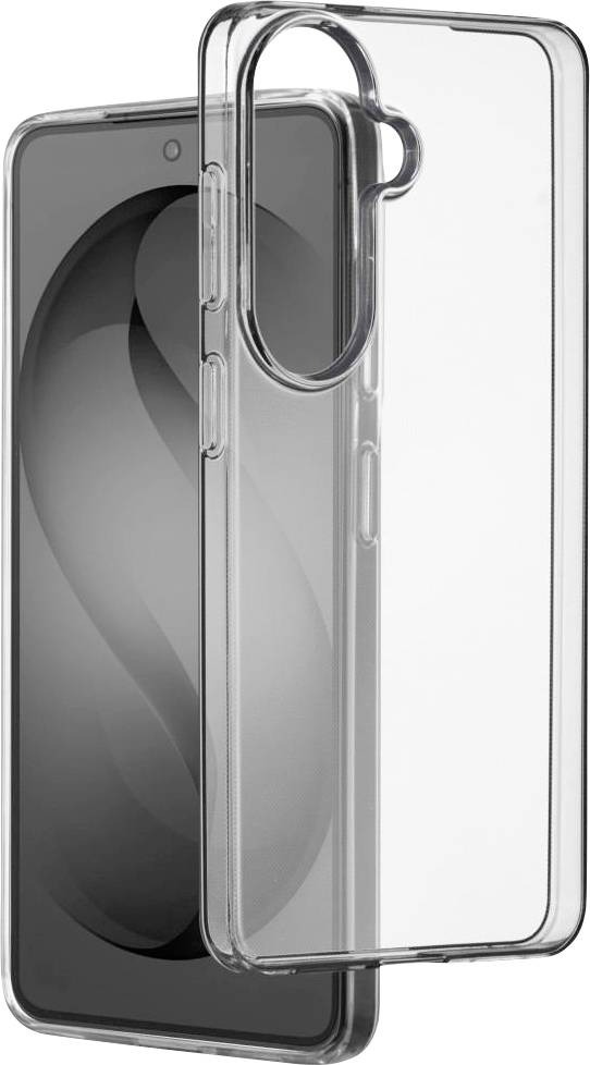 Custodia trasparente per telefono mostrata accanto a uno smartphone, evidenziando il retro protettivo trasparente e il ritaglio della fotocamera rialzato.