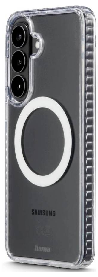 Custodia trasparente per smartphone che mostra un grande anello bianco in stile MagSafe e il branding Samsung su un telefono con tripla fotocamera posteriore.
