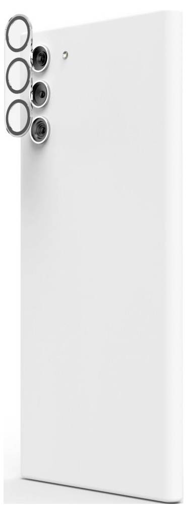Smartphone bianco mostrato da dietro con quattro lenti della fotocamera posteriore allineate verticalmente nell'angolo in alto a sinistra.