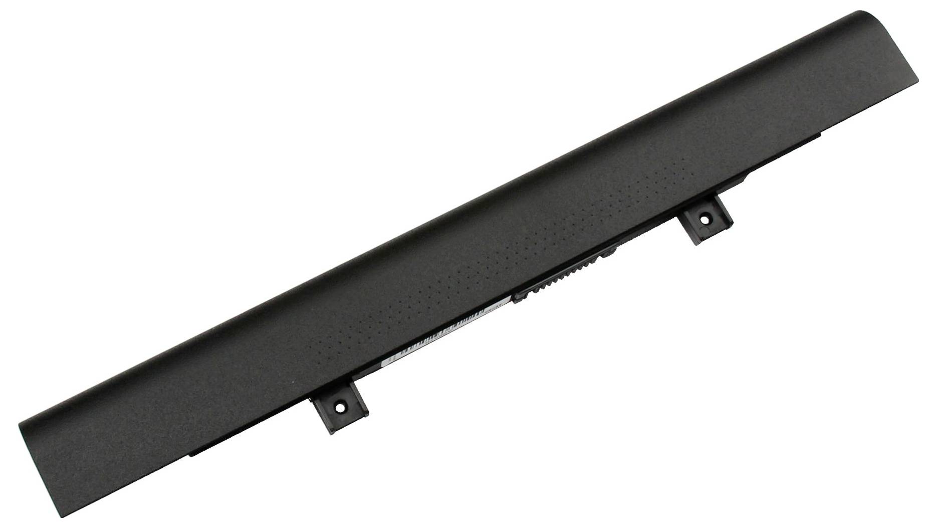 Batteria per laptop nera mostrata diagonalmente su uno sfondo bianco, con linguette di montaggio visibili nella parte inferiore.