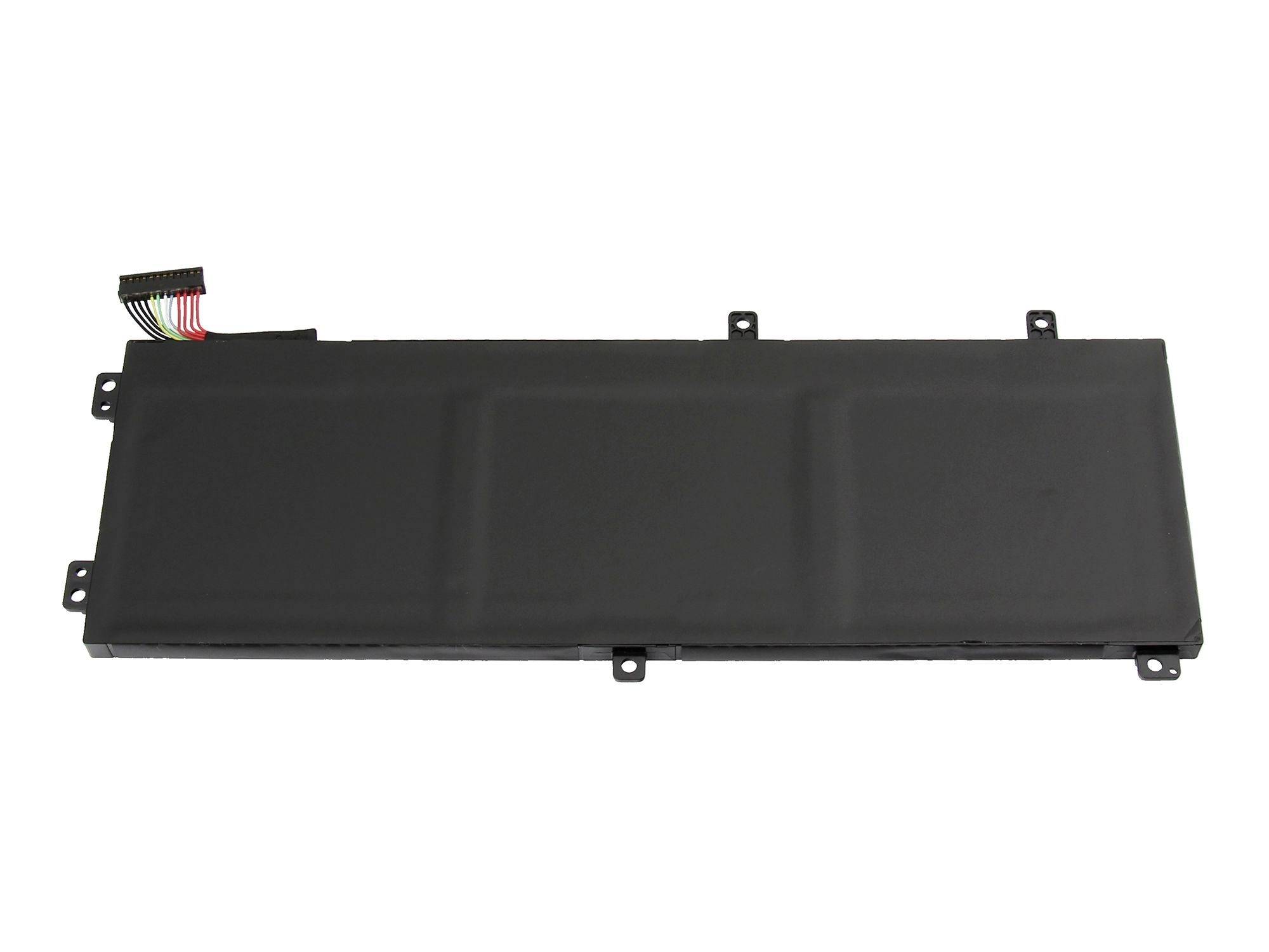 Batteria per laptop di forma rettangolare nera con connettore e linguette di montaggio su sfondo bianco