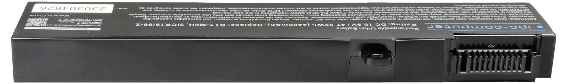 Dispositivo elettronico nero con etichette relative a porte e connettori sul pannello anteriore, visto da un lato.