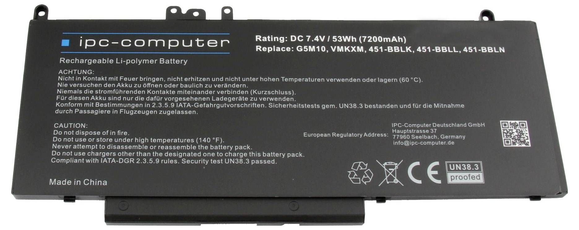 Etichetta del pacco batteria al litio-polimero ricaricabile del computer Black IPC che mostra le specifiche: CC 7,4V 53Wh, 7200mAh, modelli di sostituzione, avvertenze e codice QR.
