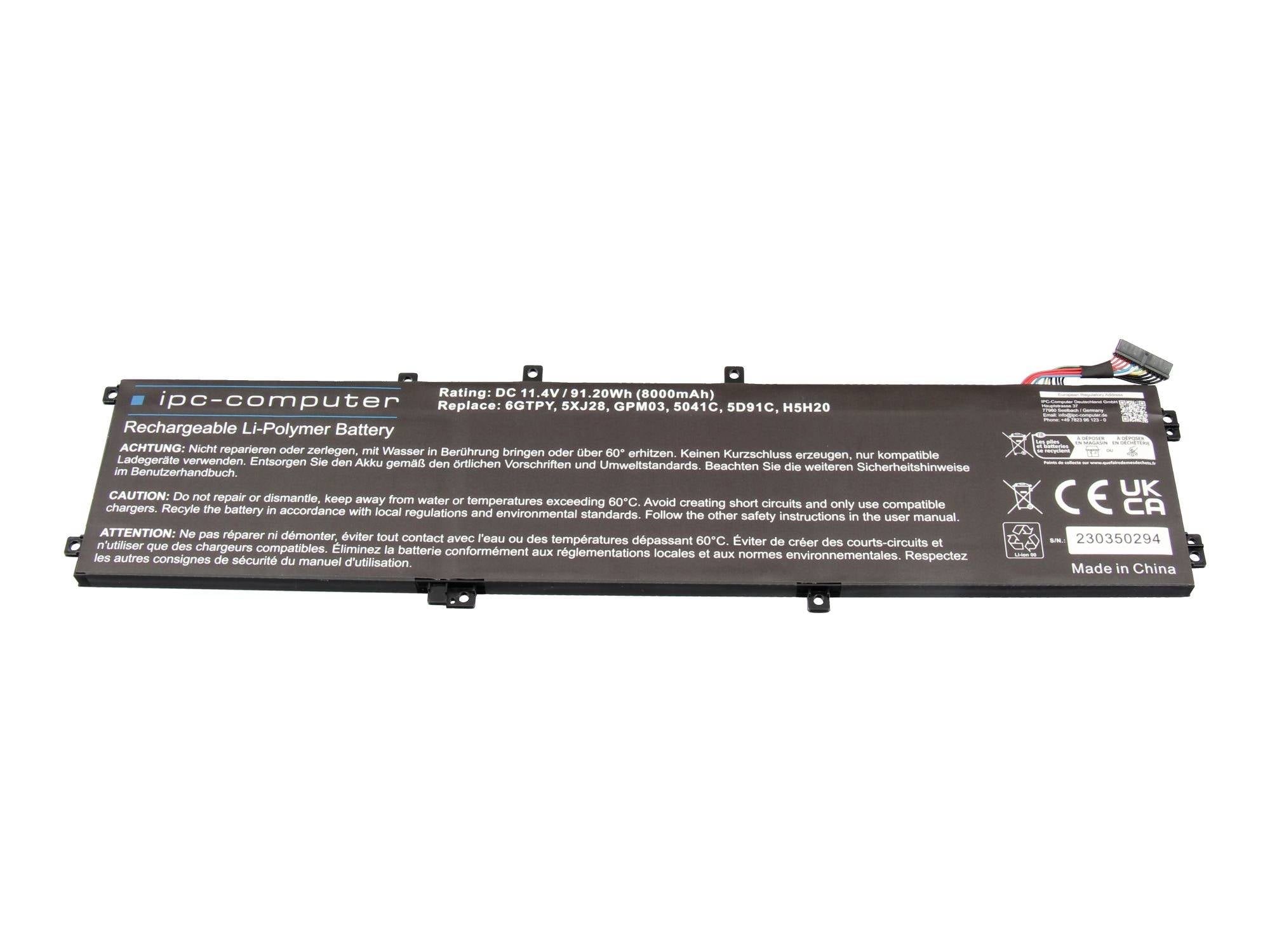 Batteria ricaricabile ai polimeri di litio per laptop con cavo connettore, etichettata 11,1V e 28Wh, mostrata su uno sfondo bianco.