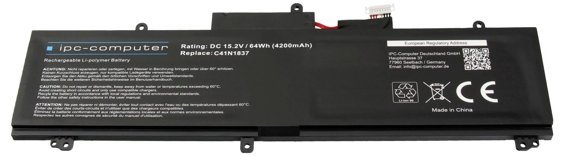 Batteria di ricambio per laptop nera etichettata "ipo-computer", 15,2V 64Wh, con connettore di cablaggio e marcature di certificazione.