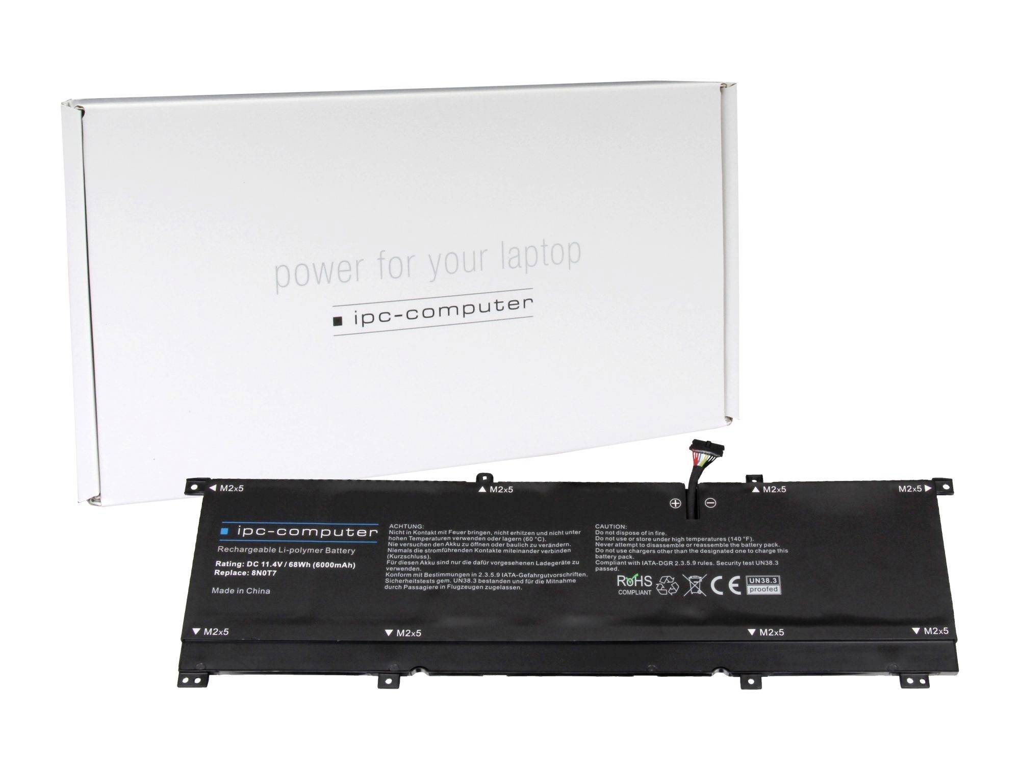 Pacco batteria per laptop mostrato con la sua scatola di imballaggio bianca etichettata "power for your laptop" e "ipc-computer".