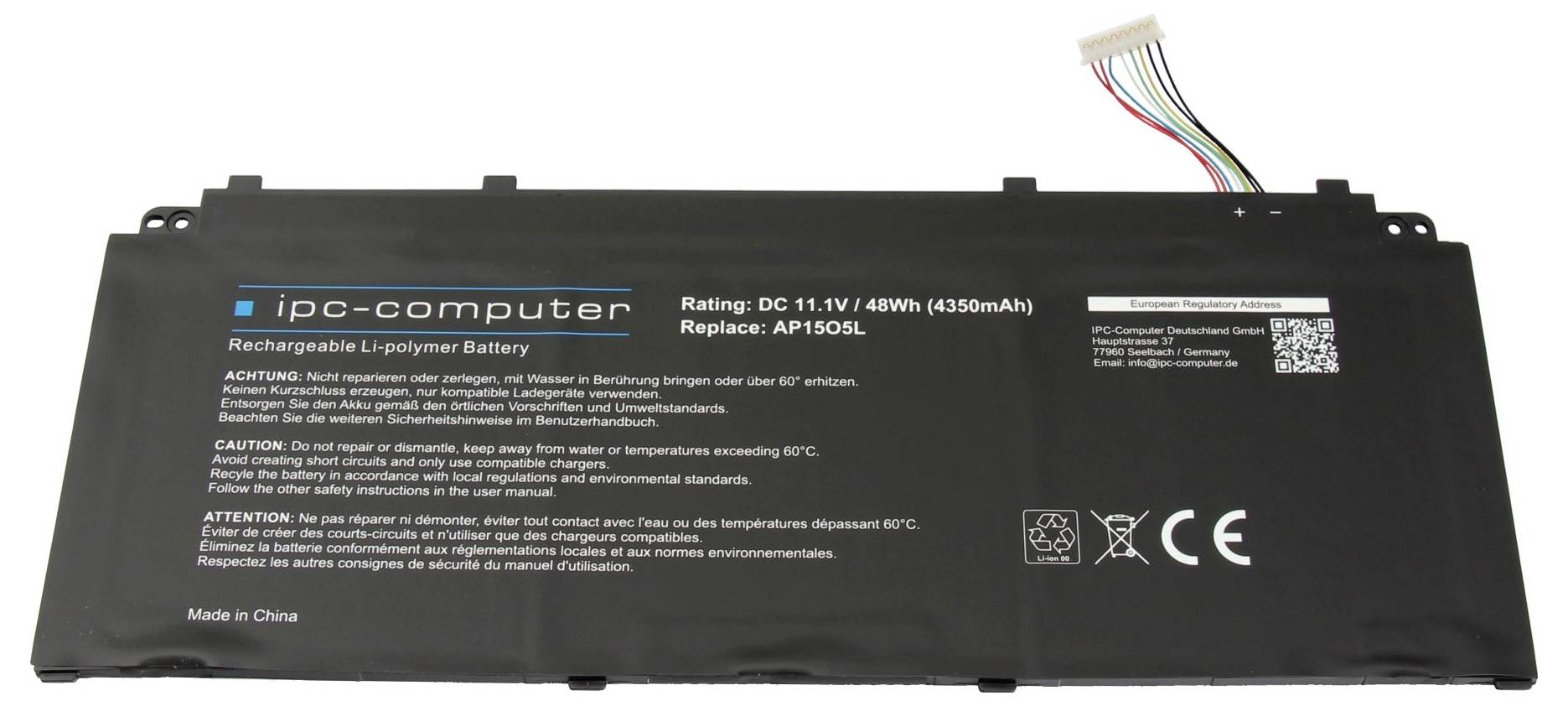 Batteria ricaricabile agli ioni di litio polimero nera iDC-computer etichettata 11,1V 48Wh 4350mAh, con cavo connettore multicolore collegato.