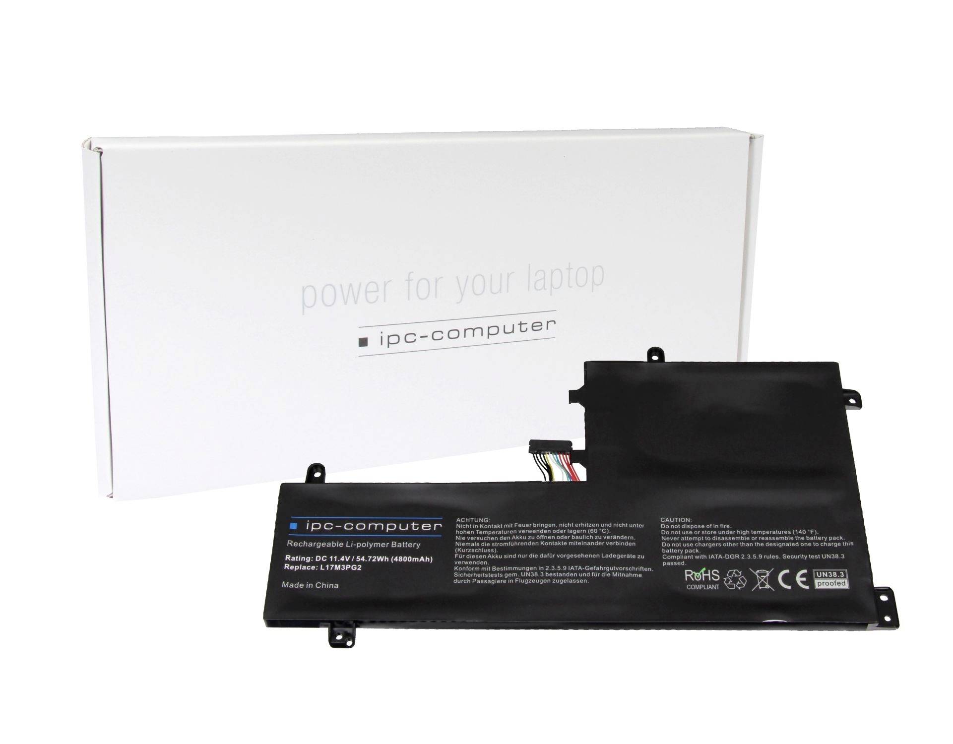 Pacco batteria per laptop e scatola di imballaggio etichettata "ipc-computer" con il testo "alimentazione per il tuo laptop"