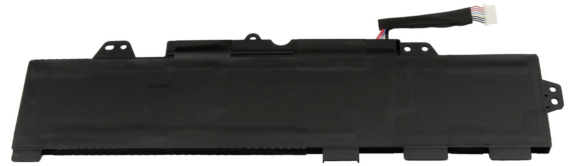 Pacco batteria rettangolare nero per apparecchiature elettroniche con cavi collegati e linguette di montaggio, mostrato su sfondo bianco.