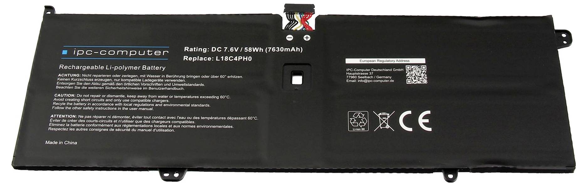 Pacco batterie Black IPC-computer ricaricabile in polimero di litio etichettato "CC 7,6V / 58Wh (7630mAh)" con connettore e simboli di conformità