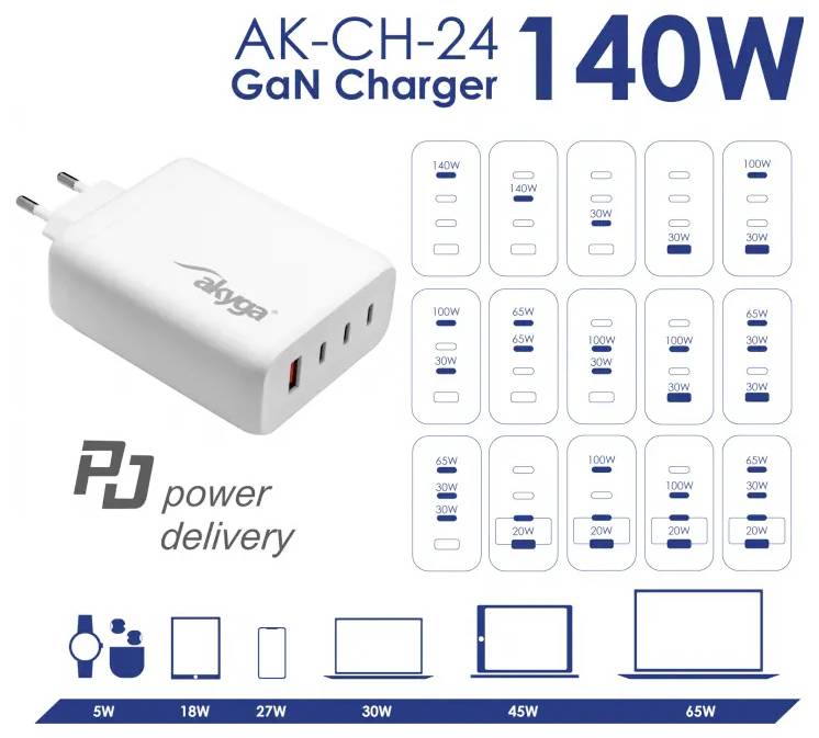 Akyga AK-CH-24 Caricatore USB 140 W USB-C®, USB-A Bianco-4