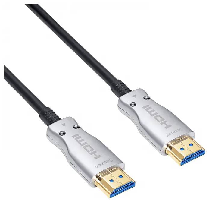 Due connettori cavo HDMI con alloggiamenti in metallo argentato e cavi neri su sfondo bianco.