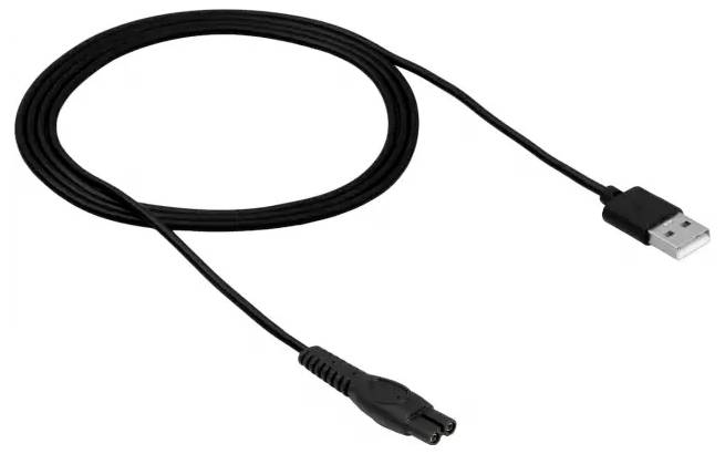 Cavo di ricarica USB nero con connettore USB-A da un lato e connettore proprietario per dispositivo piccolo dall'altro, arrotolato su sfondo bianco.