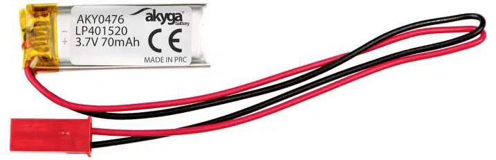 Piccola batteria al litio polimero da 3,7V 70mAh con fili rosso e nero collegati e connettore a spina rosso su sfondo bianco.