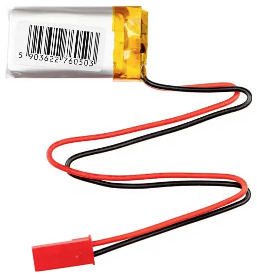 Piccolo pacco batteria al litio polimero con etichetta codice a barre e cavi di alimentazione rosso-neri terminanti in un connettore rosso.