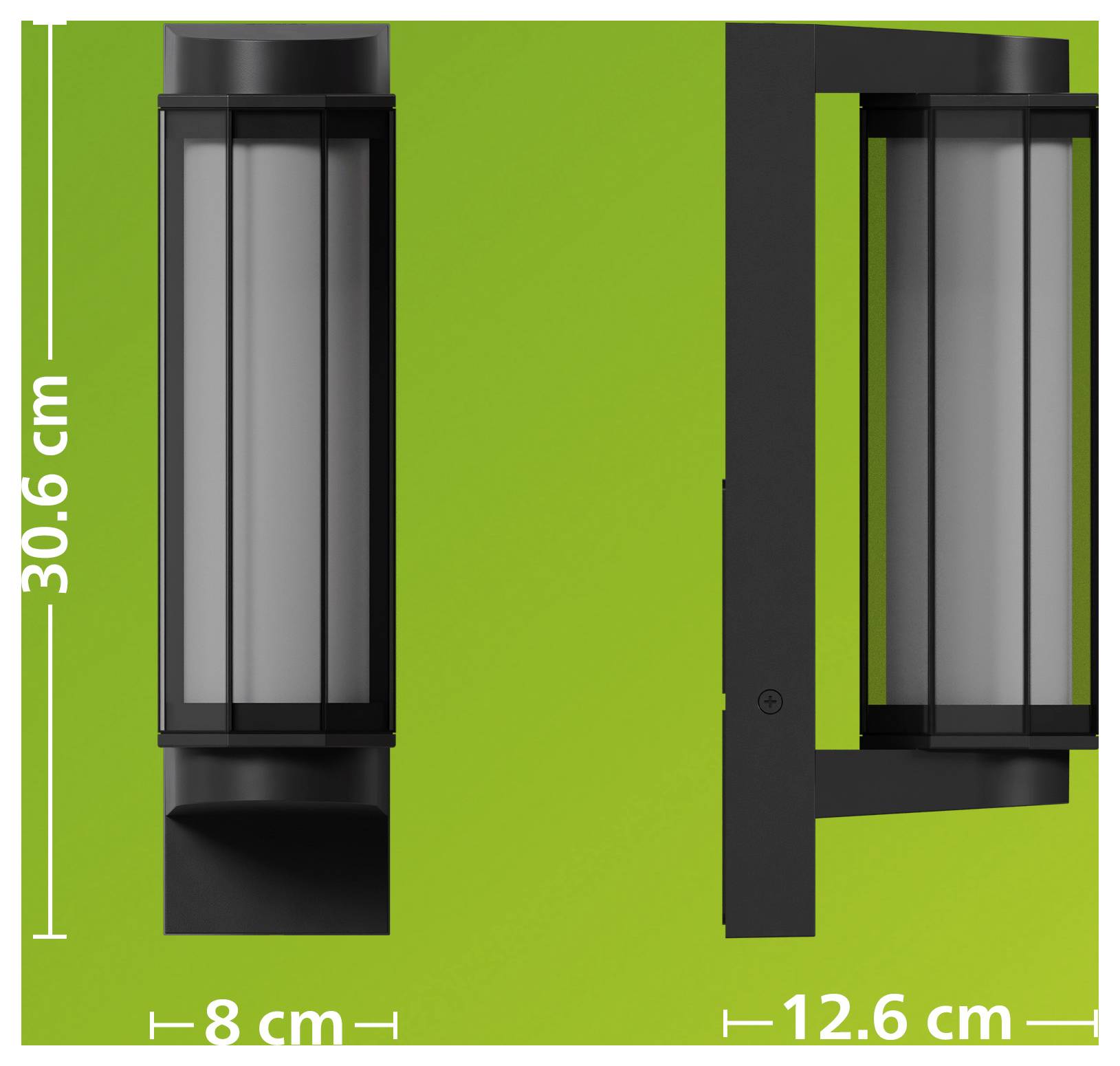 Diagramma del prodotto di una lampada da parete cilindrica nera che mostra le viste frontale e laterale con dimensioni: 30,6 cm di altezza, 8 cm di larghezza, 12,6 cm di profondità.