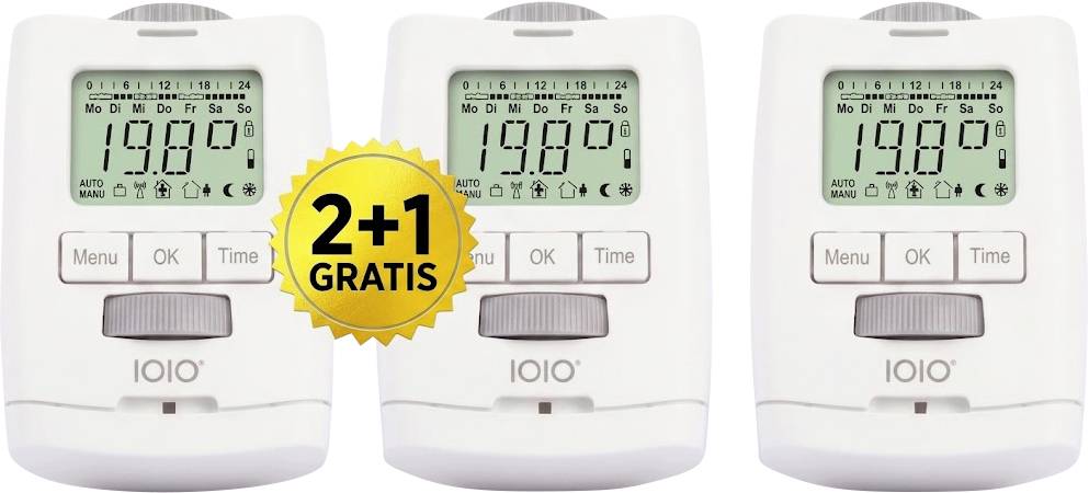 Tre termostati digitali bianchi sono mostrati uno accanto all'altro, con un badge giallo che recita "2+1 GRATIS" indicando un'offerta promozionale.