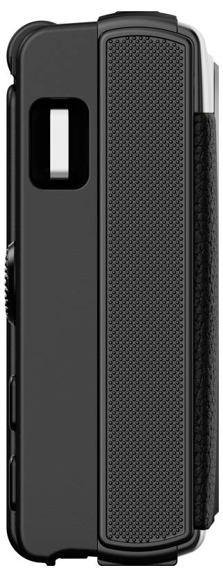 Custodia per telefono nera con pannello di presa verticale texture e ritaglio laterale, mostrata su sfondo bianco.