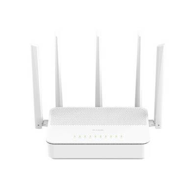 Router Wi‑Fi bianco con sei antenne esterne e spie di stato verdi sulla parte anteriore.