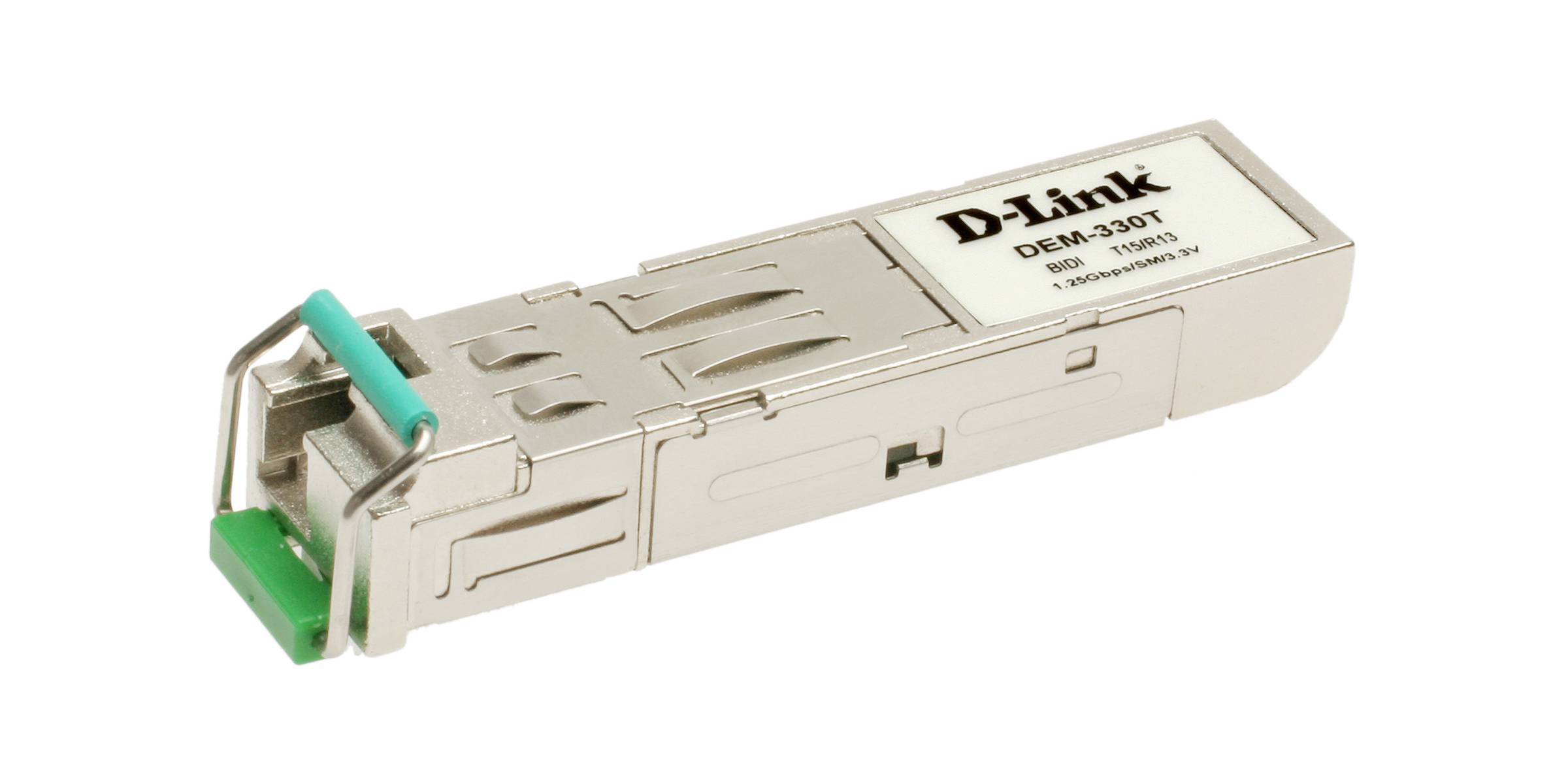 Modulo ricetrasmettitore in fibra ottica D-Link DEM-230T di colore argento con porta connettore verde e latch turchese, mostrato su sfondo bianco