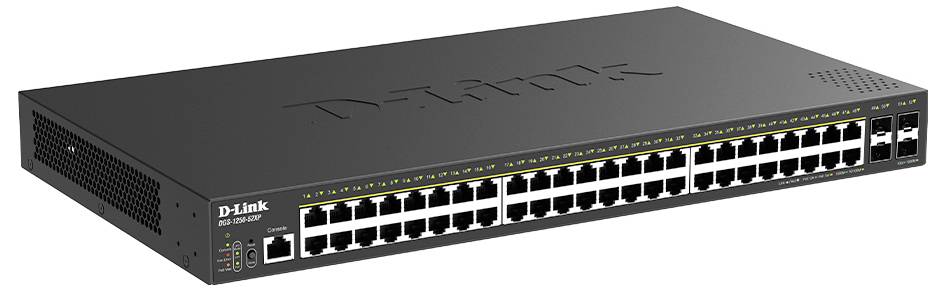 Switch di rete D-Link con 48 porte Ethernet e 4 porte di uplink, mostrato in una vista angolata in stile prodotto.