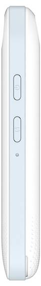 Vista laterale di un dispositivo elettronico portatile bianco e blu chiaro con due pulsanti laterali e una piccola spia indicatrice sul corpo.