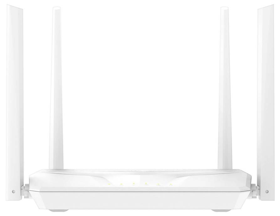 Router wireless bianco con quattro antenne rialzate e piccole spie luminose sulla parte anteriore su uno sfondo neutro.