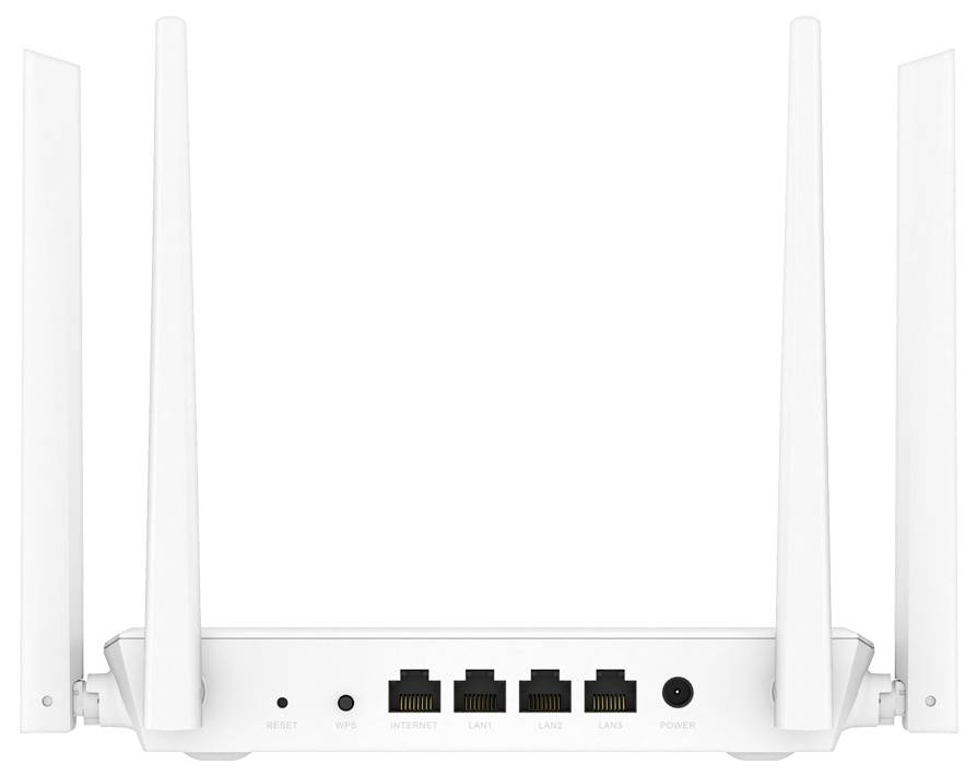 Vista posteriore di un router Wi-Fi bianco con quattro antenne esterne, che mostra le porte Ethernet, i pulsanti di ripristino/WPS e il collegamento di alimentazione.