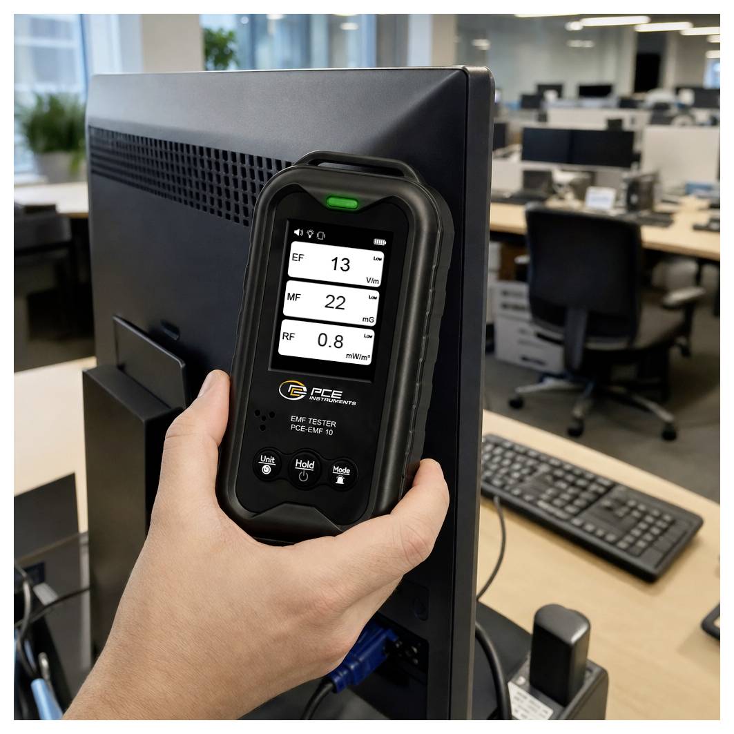 Mano che tiene un misuratore EMF PCE contro uno schermo del computer in un ufficio, mostrando le letture sullo schermo del dispositivo.