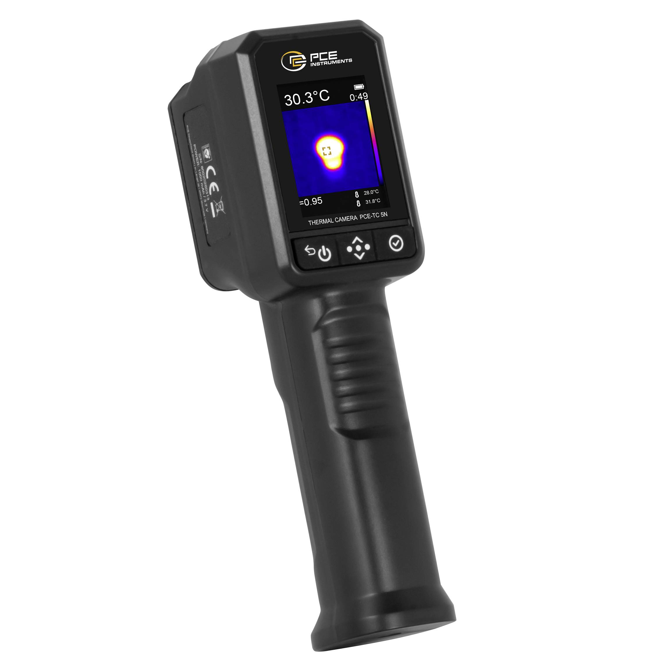 Fotocamera a infrarossi portatile con schermo che mostra un oggetto caldo a 30,3°C su una mappa di calore blu.