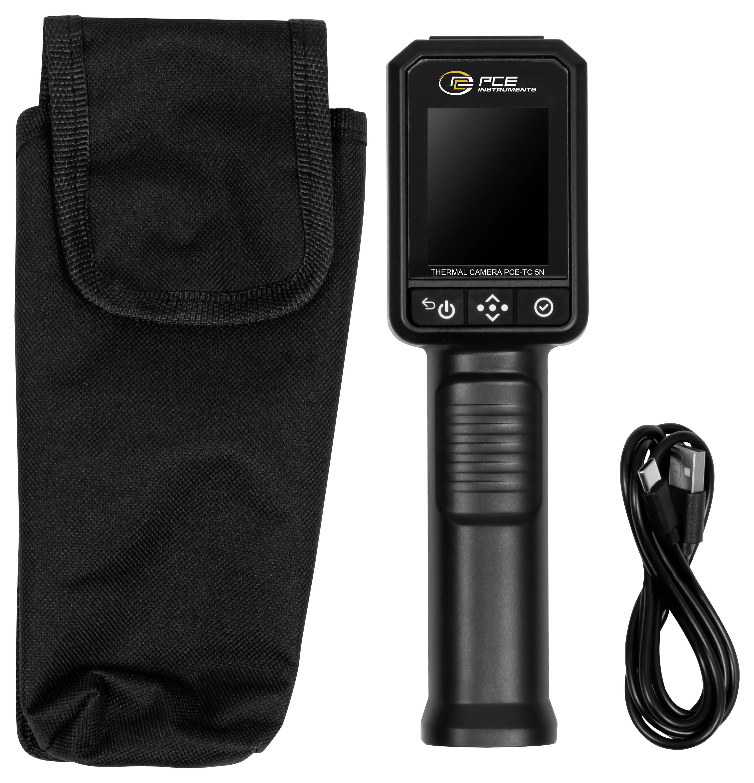 Kit telecamera termica con imager portatile, custodia di trasporto e cavo di ricarica USB su sfondo bianco.
