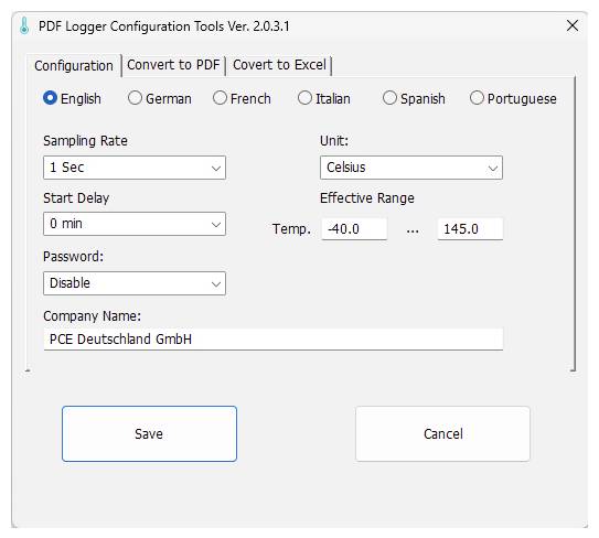 Strumenti di Configurazione PDF Logger Ver. 2.0.3.1 finestra di impostazioni con opzioni di lingua, frequenza di campionamento, ritardo di avvio, password, unità Celsius, intervallo di temperatura, nome dell'azienda e pulsanti Salva/Annulla.