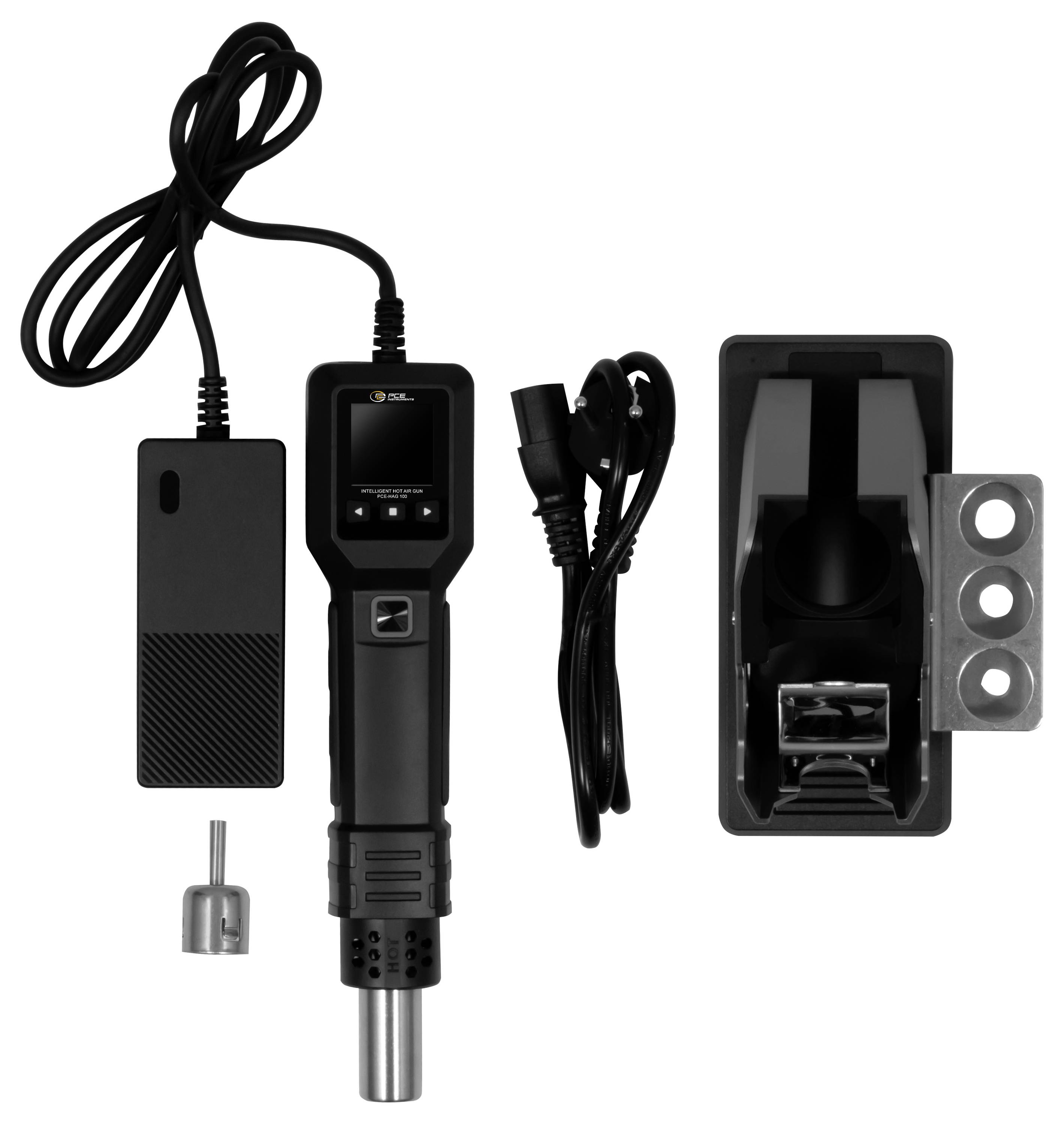Foto del prodotto di un kit di dispositivo digitale portatile con cavi, caricabatterie, supporto di montaggio e accessorio a tre pulsanti su sfondo bianco.