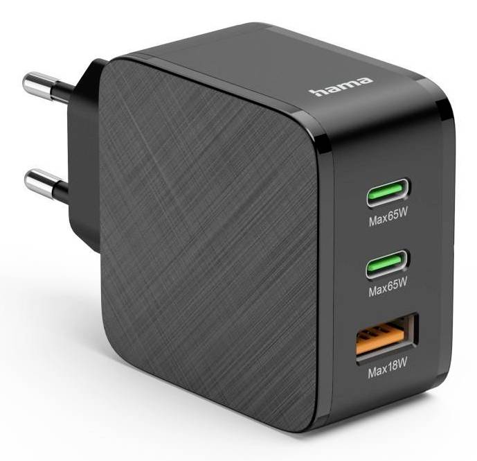 Caricabatterie da parete Hama nero con due porte USB-C etichettate Max65W e una porta USB-A etichettata Max18W