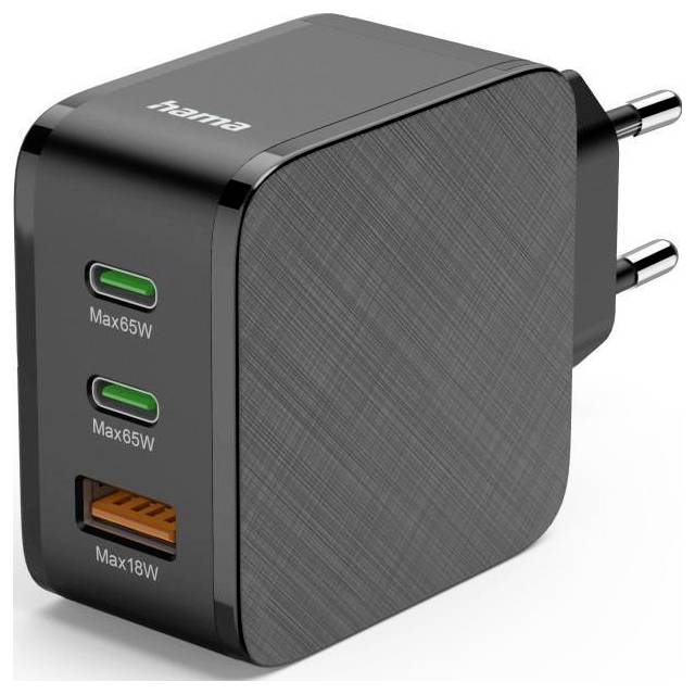 Caricabatterie da parete Hama nero con due porte USB-C etichettate Max65W e una porta USB-A etichettata Max18W, con spina europea.