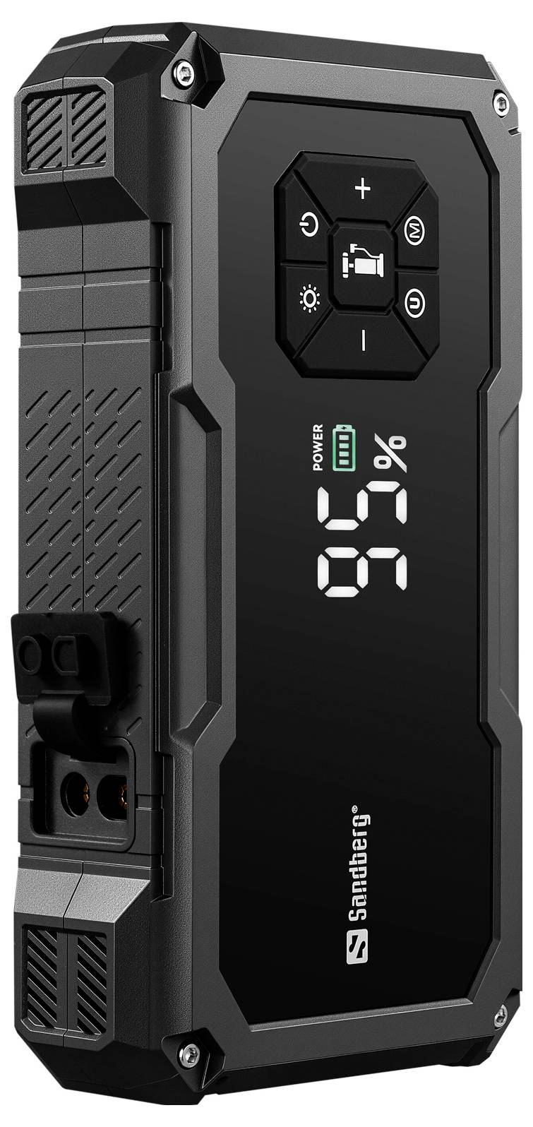 Avviatore portatile con display digitale che mostra il 95% di batteria, pulsanti di controllo e porte di uscita su un dispositivo robusto nero e grigio.