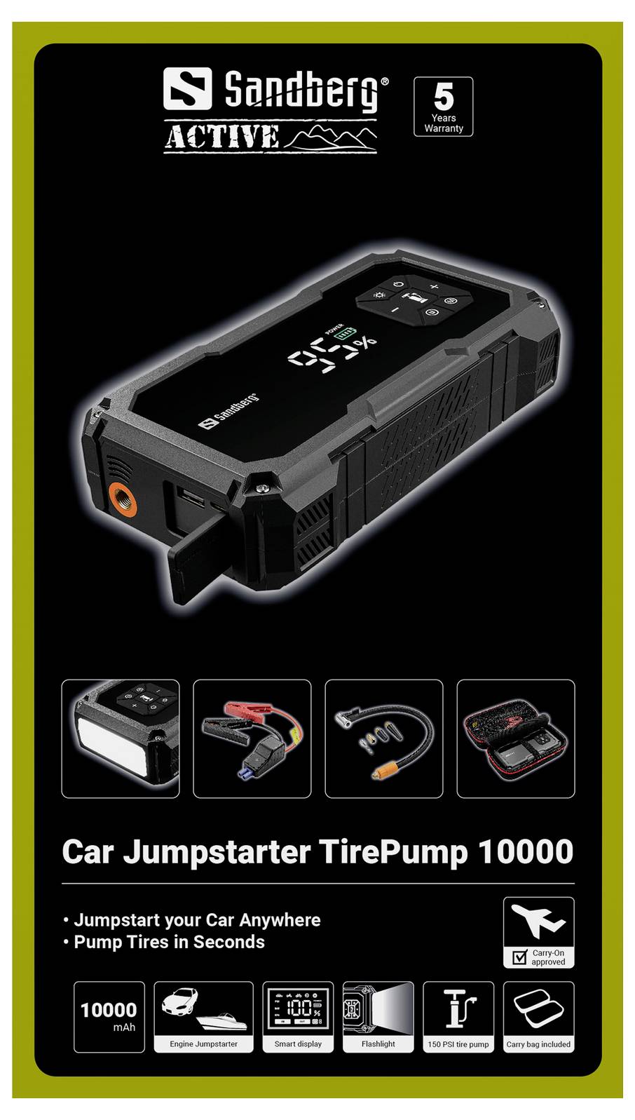 Sandberg Active Car Jumpstarter TirePump 10000, avviatore di batteria per auto portatile con pompa per pneumatici, garanzia di 5 anni.
